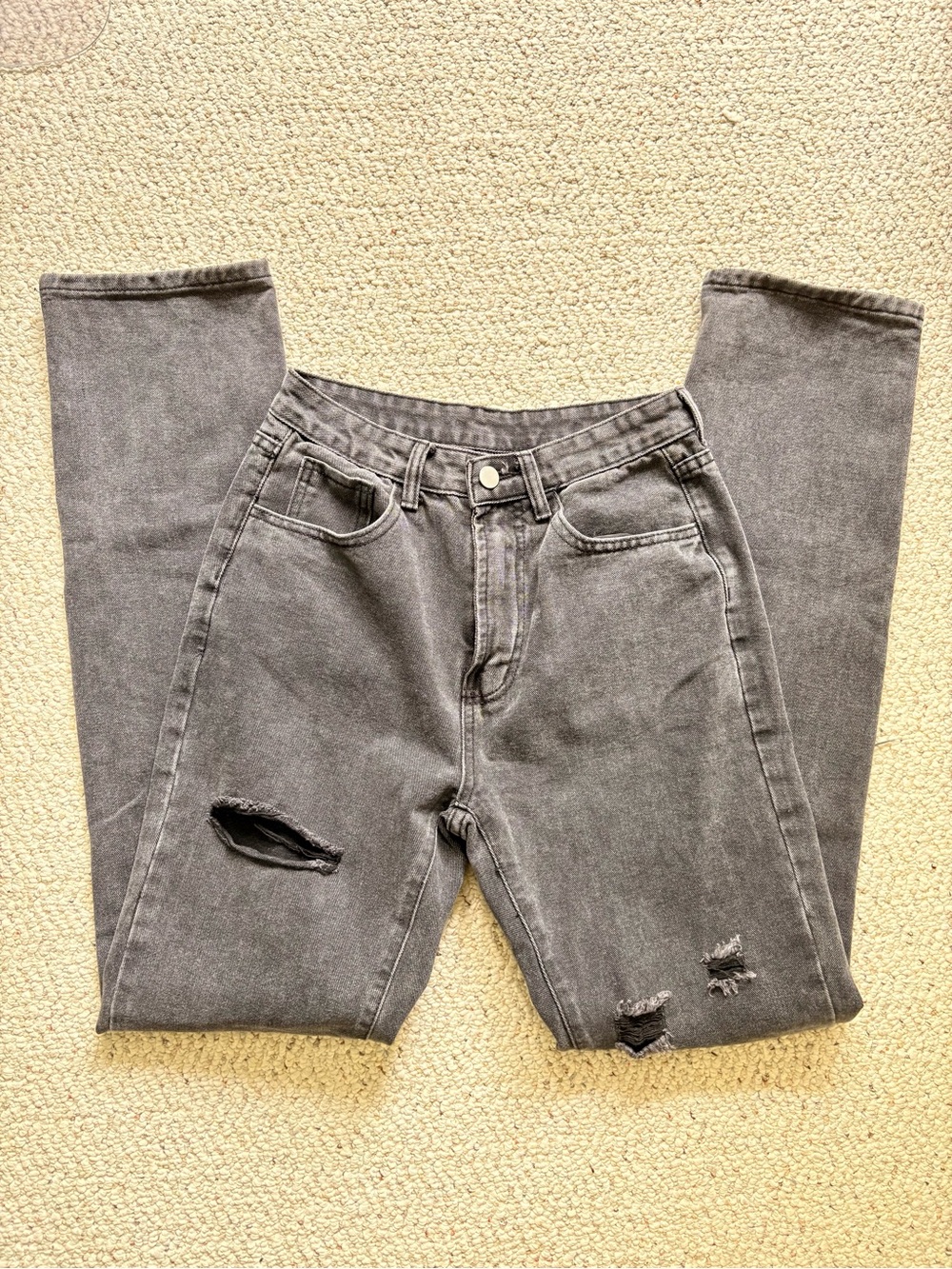 Gray Distressed Straight Leg Jeans